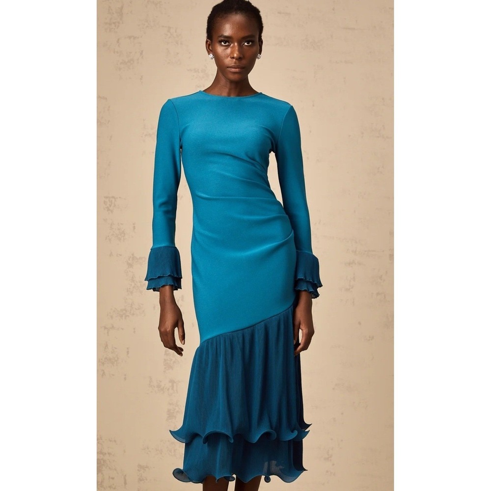 Miss Rosier Teal Blue Pleated Ruffle Midi Dress Long Sleeve Ruched Asymmetrical
